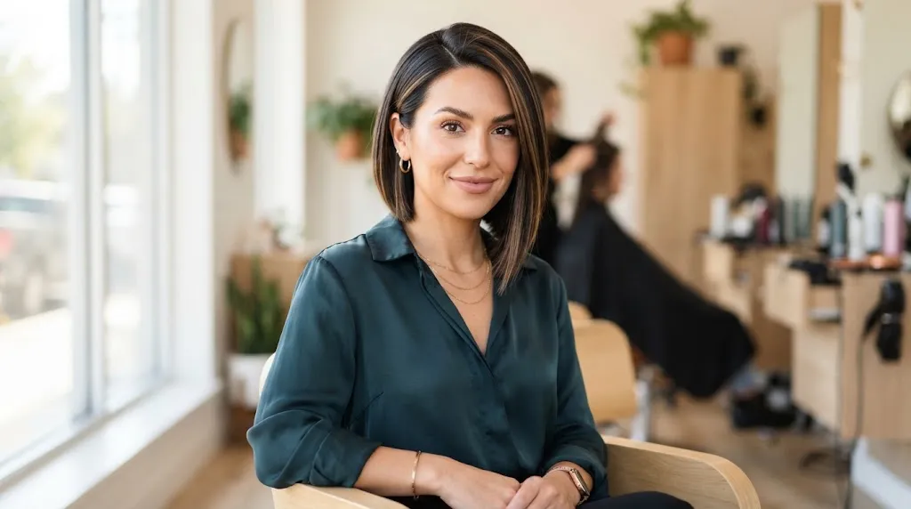 A stylish woman with a modern asymmetrical bob haircut featuring a deep side part and angled length to slim and define a round face shape