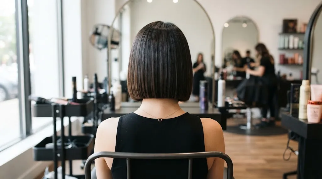 Back view of a woman with a clean chin-length box bob hairstyle showing a precise blunt baseline and structured shape