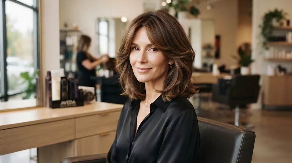 Professional hairstyle with soft layers adding width around the cheeks to balance a long face shape.