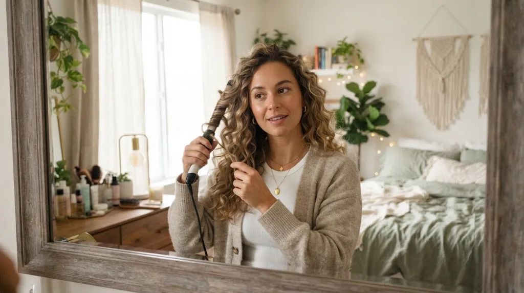 A young woman carefully styling both sides of her light curly hair evenly in front of a bright vanity mirror.