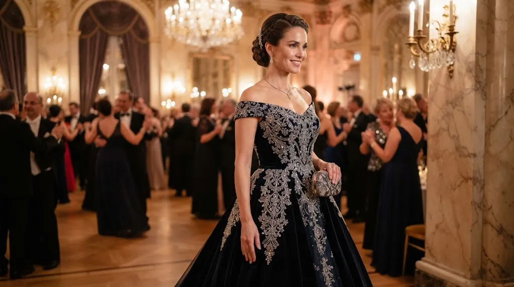 A sophisticated woman wearing a luxurious ball gown with an elegant sculpted low chignon hairstyle at a formal evening gala.