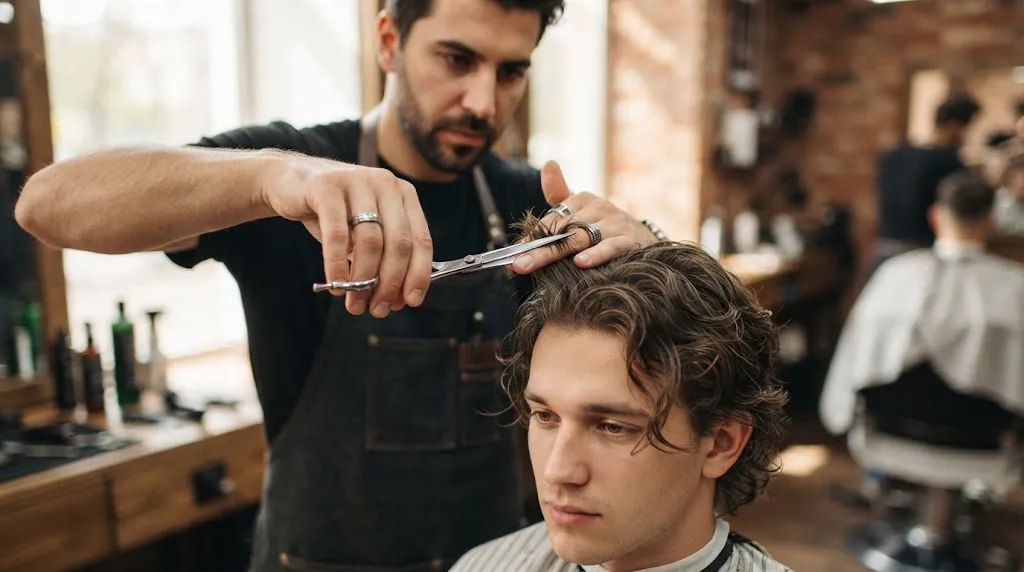 Professional barber using scissors for point-cutting technique on a man's wavy hair instead of thinning shears.