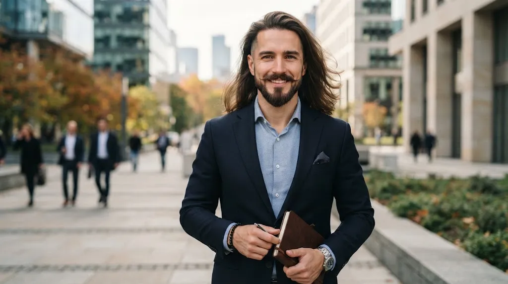A man with long flowing hair and a sharp precision beard fade demonstrating the modern contrast style