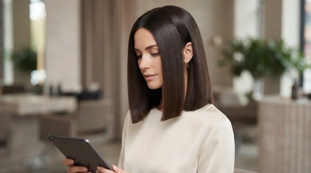 A woman with a healthy, glossy, blunt brown bob haircut, styled perfectly straight in a modern salon.