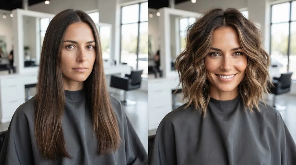 Before and after haircut transformation showing a woman with long straight hair and a styled textured wavy bob in a salon