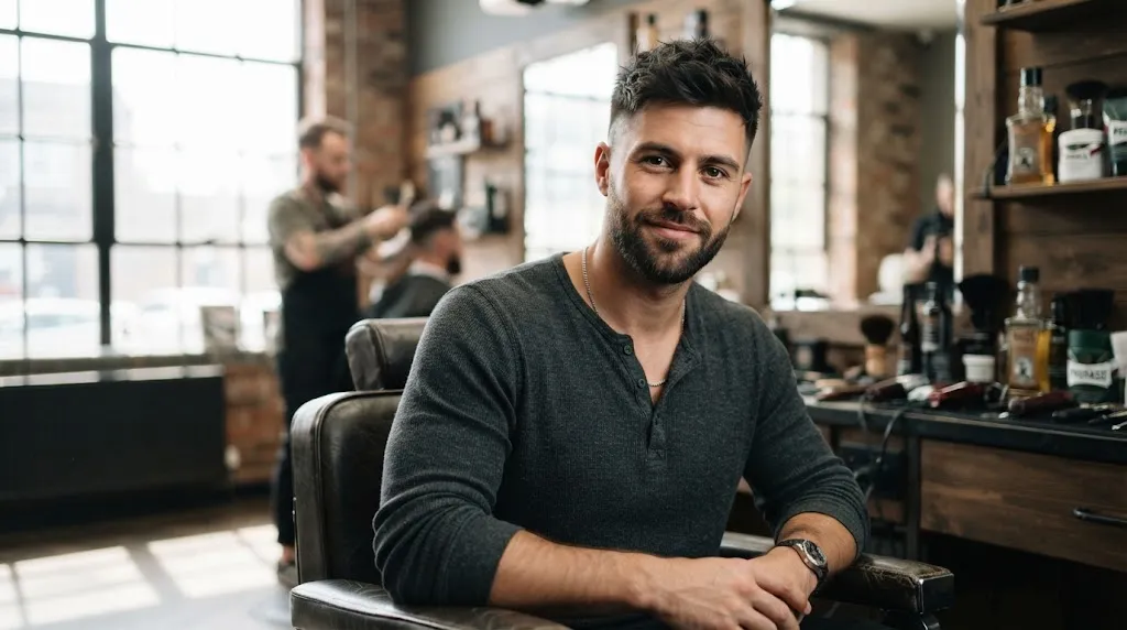 A stylish man with a modern textured haircut in a barbershop representing the best celebrity hairstyles for men.