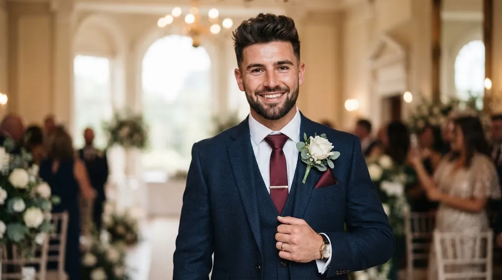 Handsome groom with a textured quiff hairstyle and short shaped beard complementing a round face shape for a wedding.