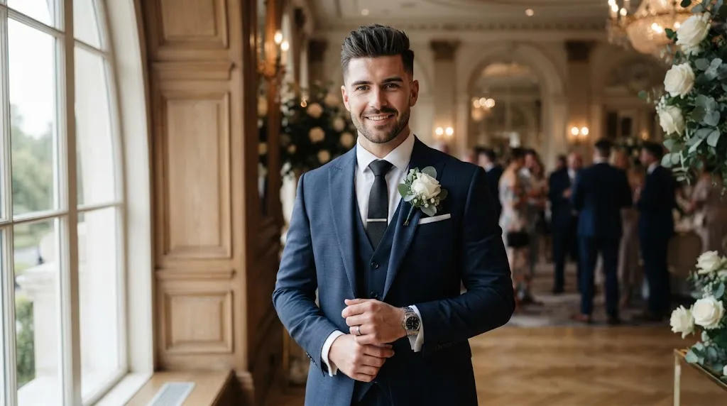 A handsome groom with a structured square face wearing a tailored wedding suit and a clean textured haircut