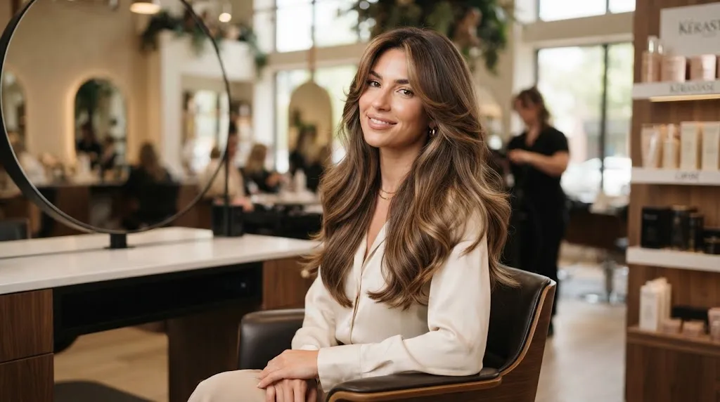 Professional salon hairstyle showcasing long thick hair with soft fluid layers and face-framing pieces to reduce bulk.