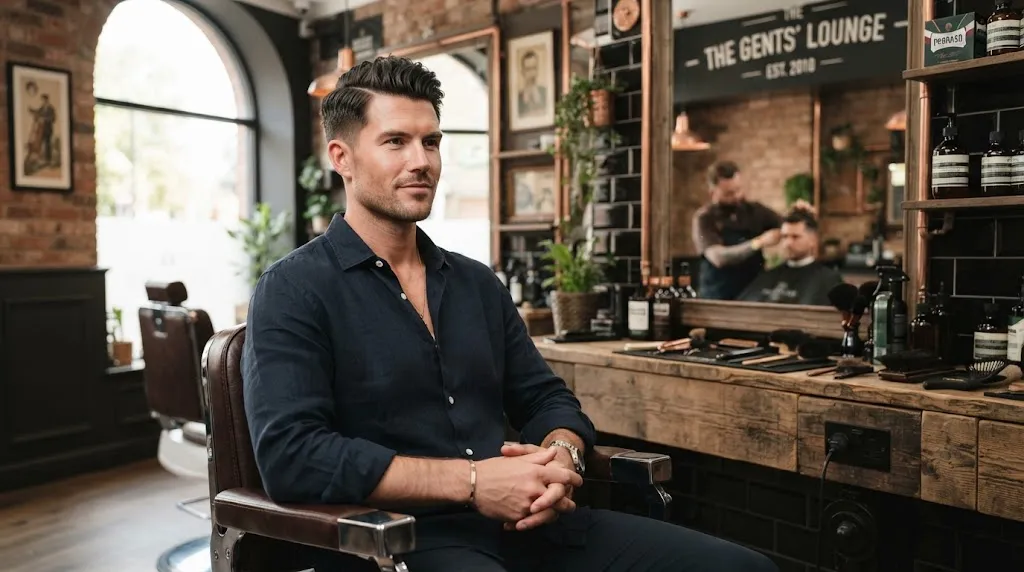 A stylish man with a clean square face shape and a modern side-part straight haircut in a professional barbershop setting
