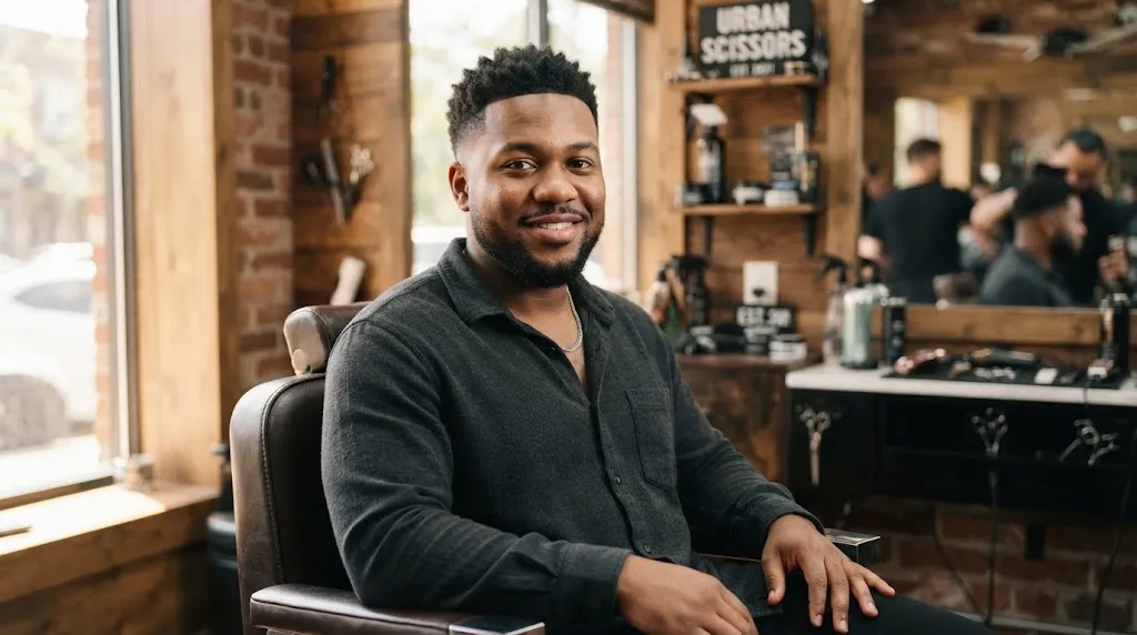 Man with a round face shape sporting a modern textured crop haircut and low fade in a modern barbershop