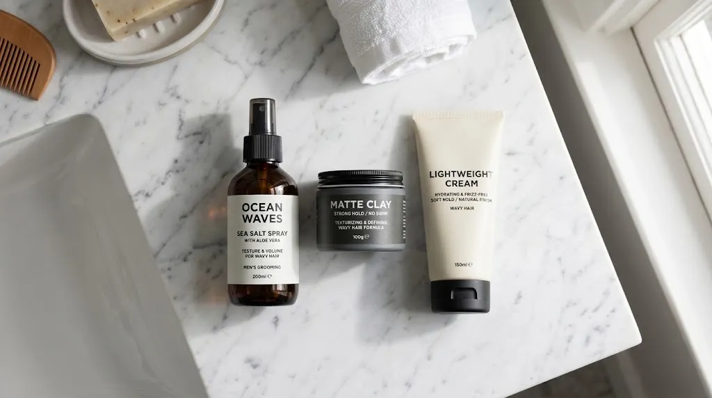 Men's wavy hair grooming product setup featuring sea salt spray, lightweight styling cream, and matte clay on a clean bathroom countertop.