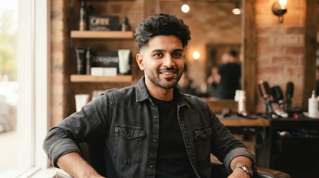 A stylish Indian man with a textured haircut and tapered sides designed to complement a round face shape.