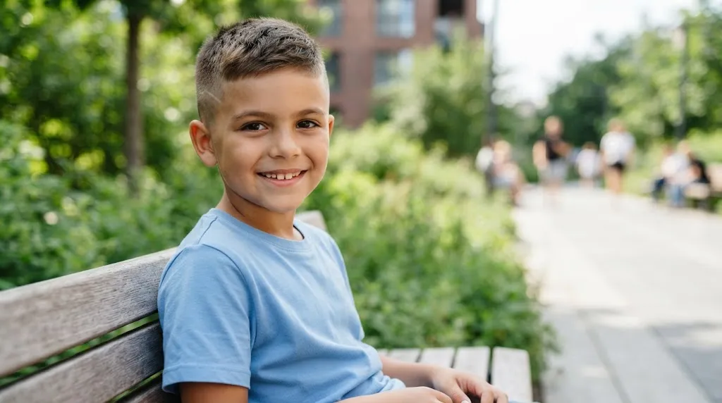 A young boy outdoors with a trendy and clean short hairstyle