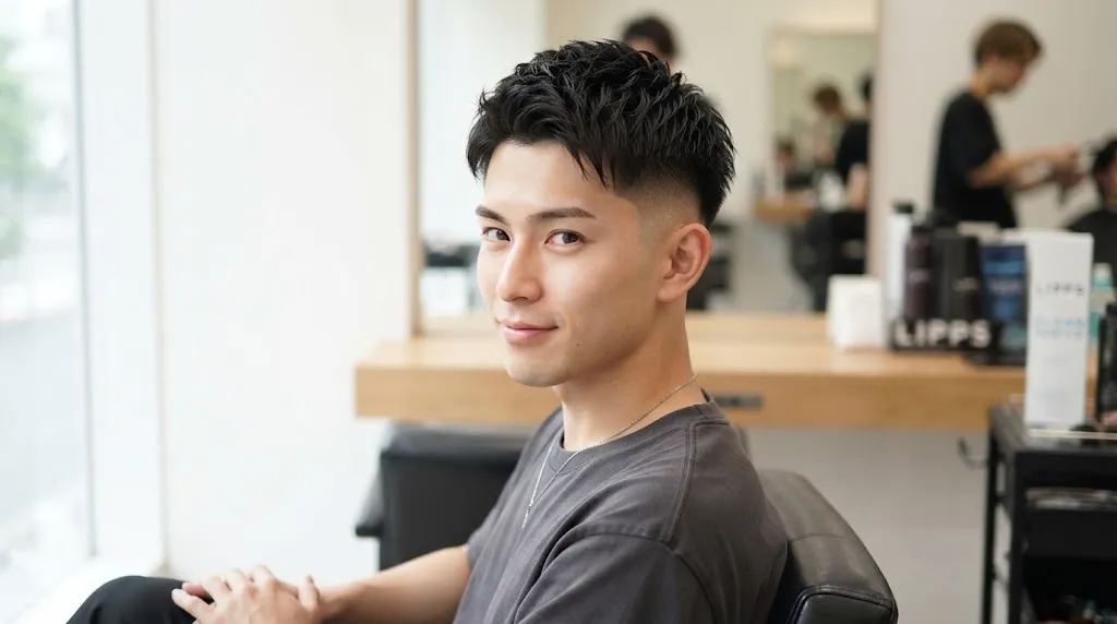 A stylish man with a clean, modern short Japanese hairstyle featuring textured layers and neatly trimmed sides.