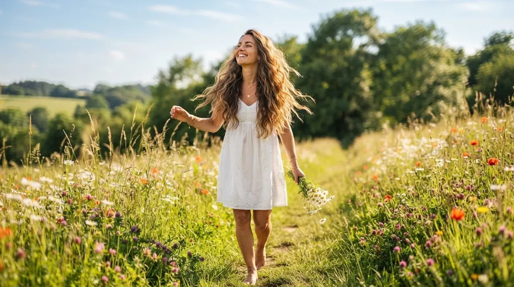 A person with beautiful long hair enjoying a sunny summer day outdoors, showcasing trendy summer hairstyles.