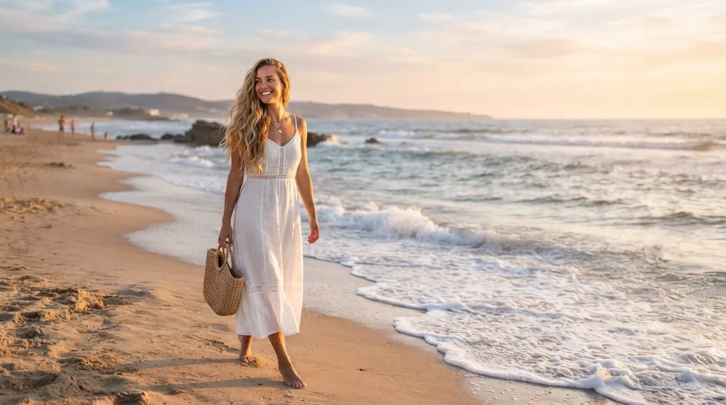 A stylish woman with long sun-kissed hair and beach waves enjoying a sunny summer day by the ocean, illustrating best summer long hairstyles by occasion.