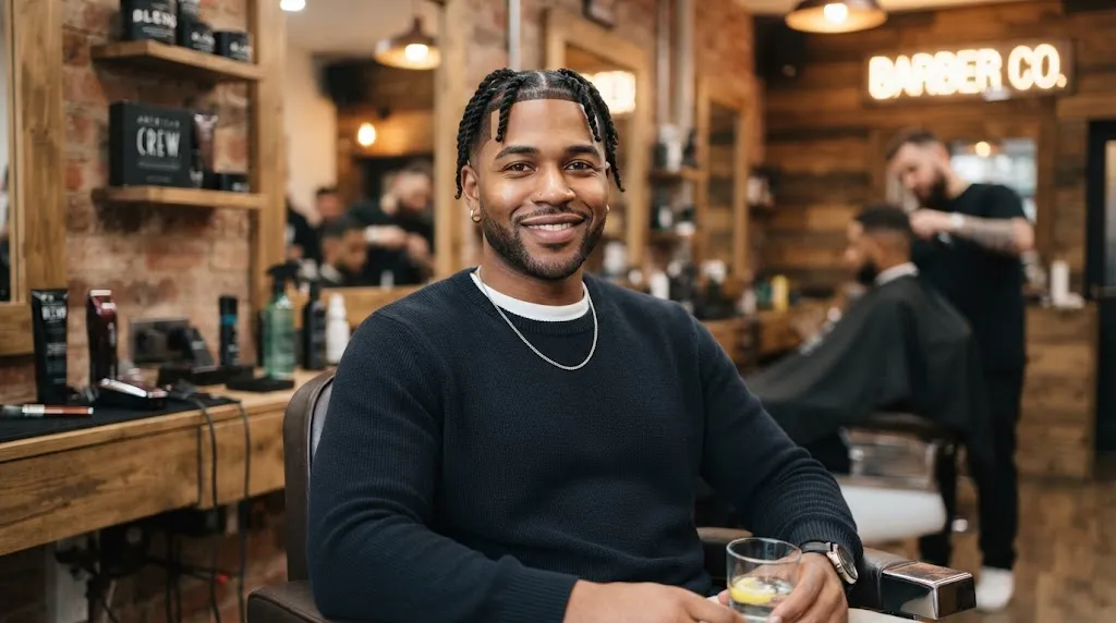 A stylish Black man with professional two-strand twists and a sharp mid fade haircut showing the best twist style for face shapes
