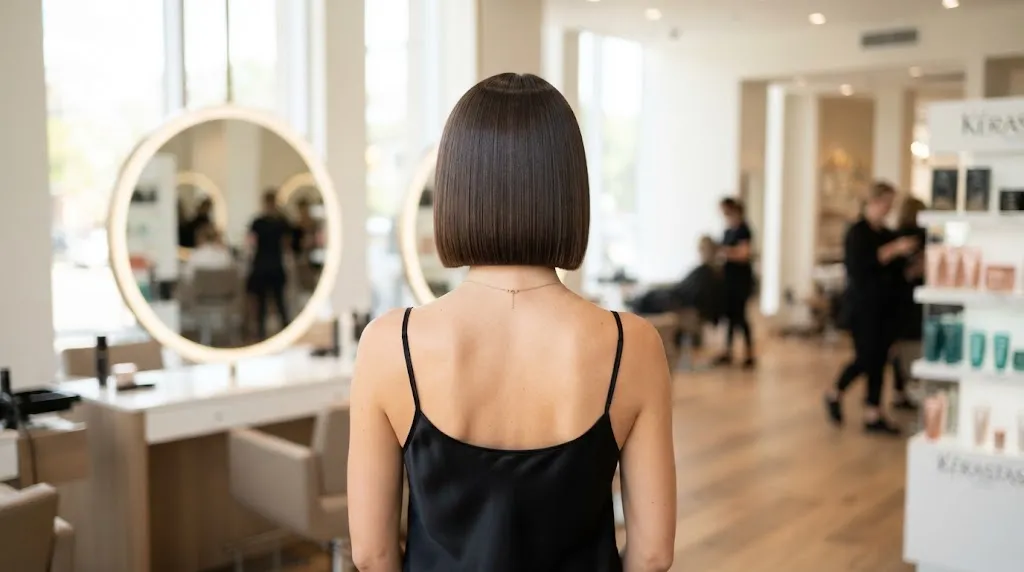 Professional back-view photo of a woman with a sleek, sharp blunt bob haircut showing a clean straight perimeter line