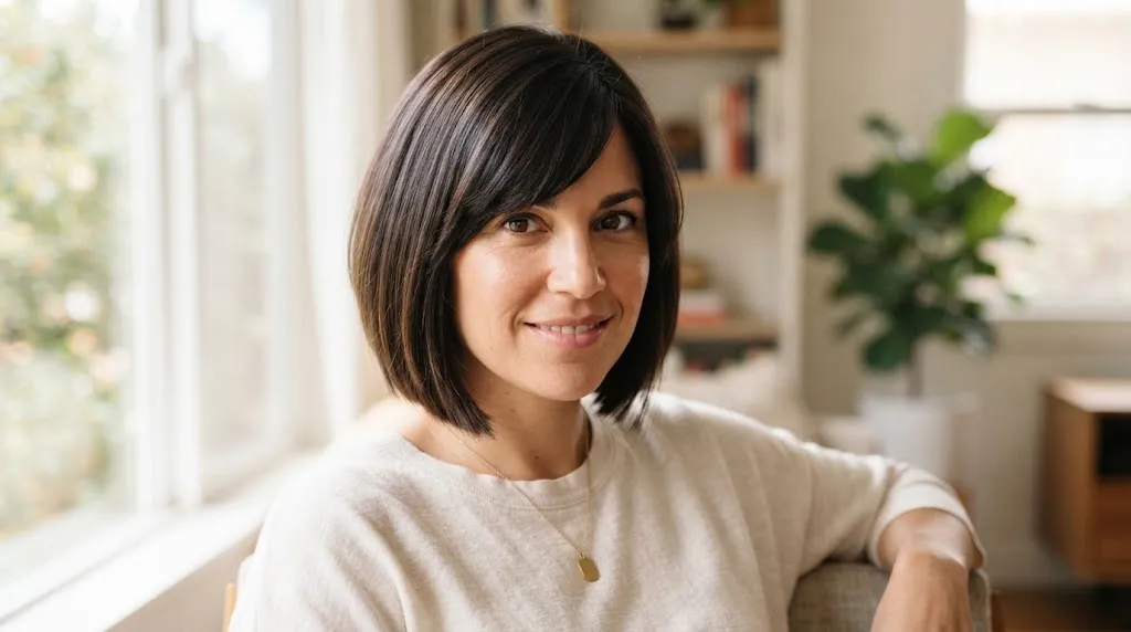 A woman with a flattering chin-length box bob haircut and an off-center part tailored for a round face shape