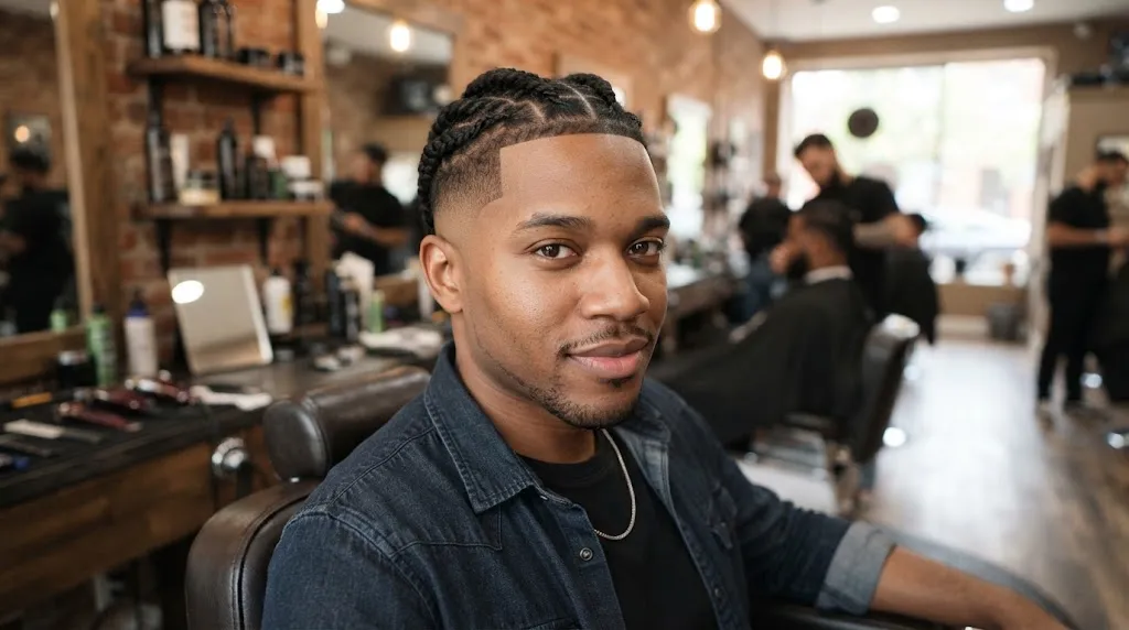 A stylish Black man with neat box twists on short hair paired with a clean mid skin fade in a modern barbershop