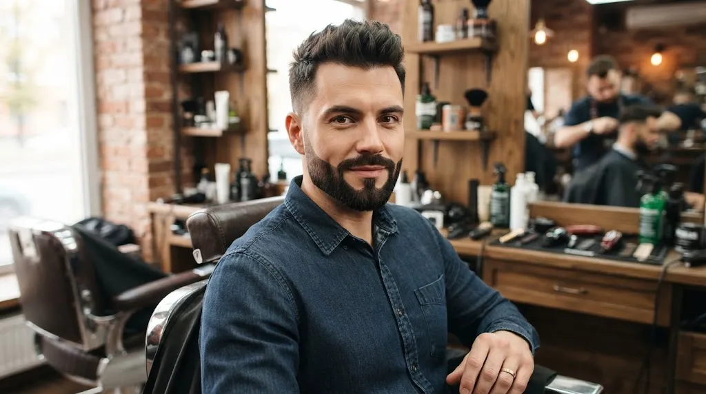 A man showcasing a sharp boxed beard with a clean, defined bottom line to balance a round face shape