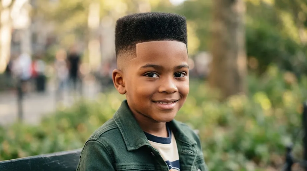 A stylish boy showing a clean box cut hairstyle with a structured top and faded sides