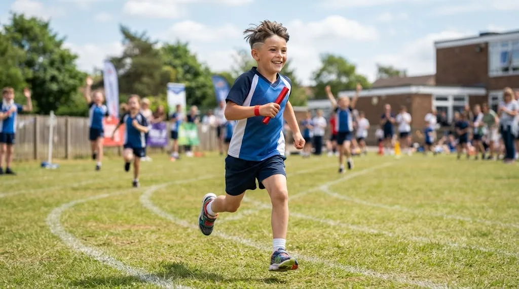 A happy school-aged boy with a stylish textured crop haircut playing sports outdoors, representing a low-maintenance hairstyle for school and athletics.