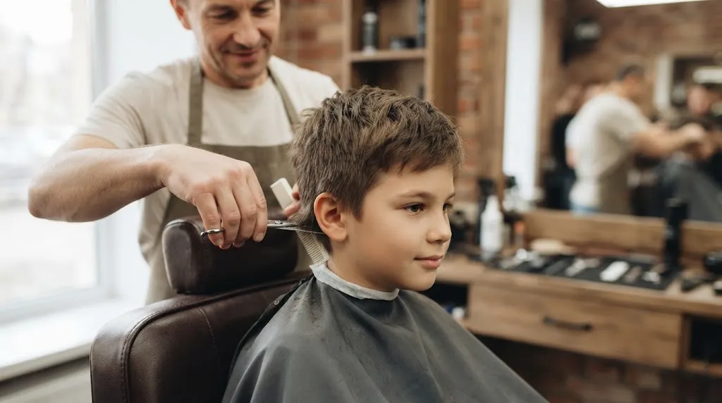 A professional barber giving a young boy a regular maintenance trim in a modern salon