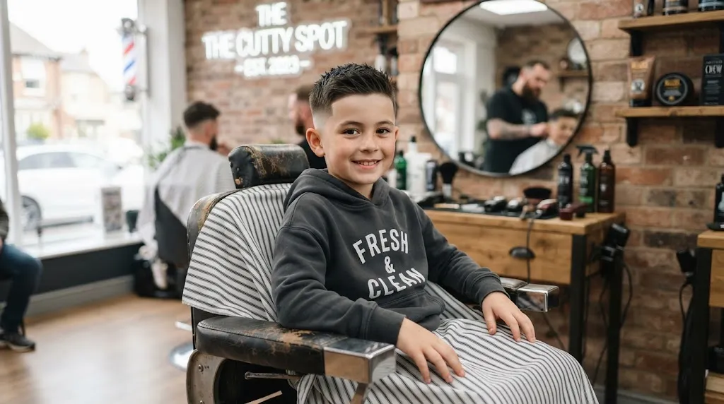 A stylish young boy showcasing a modern textured crop haircut with a clean fade in a bright barbershop for the 2026 trend guide