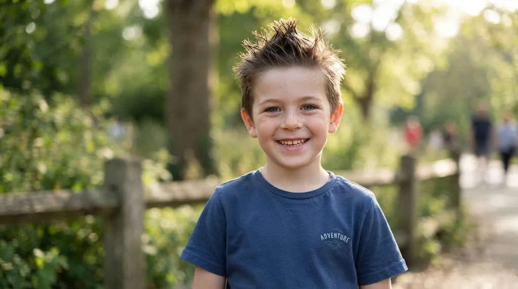 A young boy with short spiky hair styled upwards against a neutral background