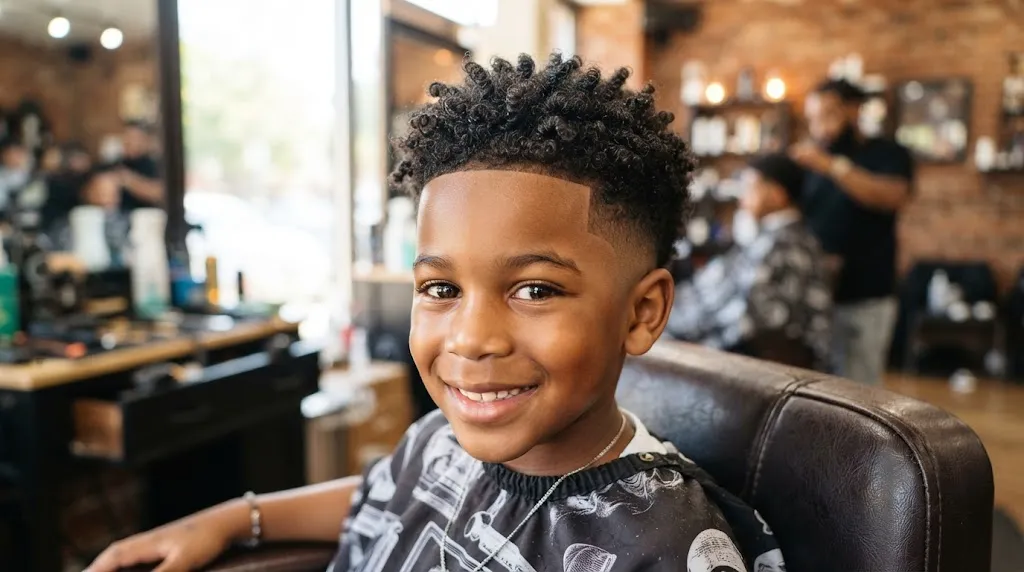 A young boy with well-defined Type 4 coily textured hair and a clean skin fade side profile
