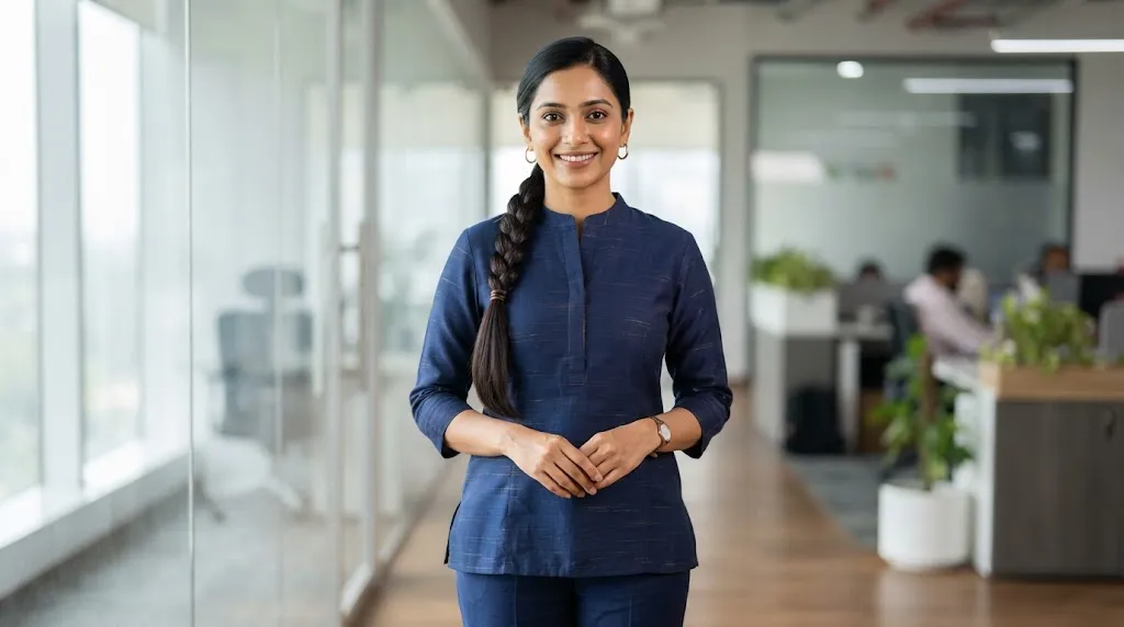 A professional Indian woman wearing a neat and stylish braided low ponytail hairstyle suitable for office and daily wear.