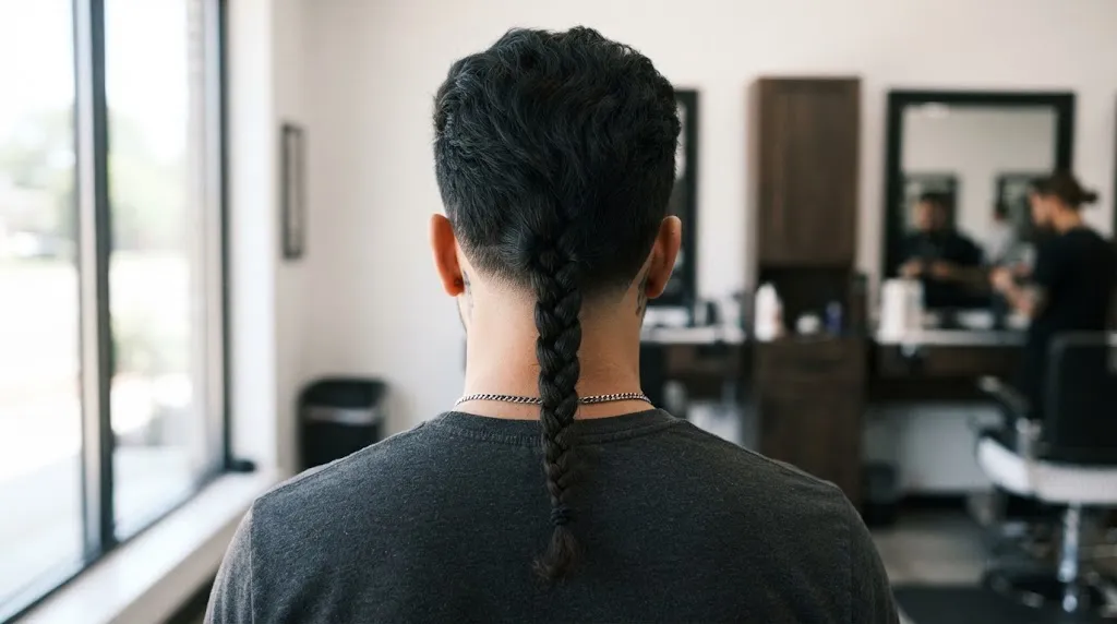 Back-angle close-up shot of a stylish man with a neat three-strand braided tail starting at the nape over a clean low fade haircut.