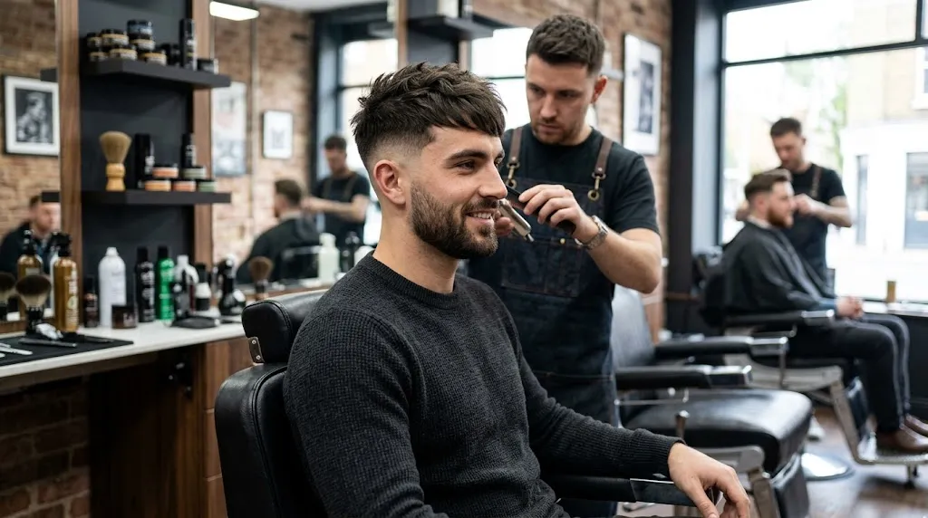 A stylish man demonstrating a classic British Crop haircut with textured forward-swept top and clean low taper fade in a professional barbershop.