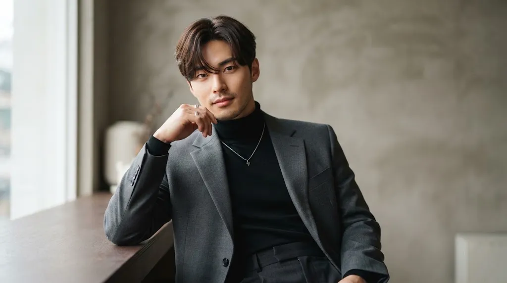 Trendy young man with a stylish BTS-inspired Korean comma fringe and curtain haircut under soft studio lighting