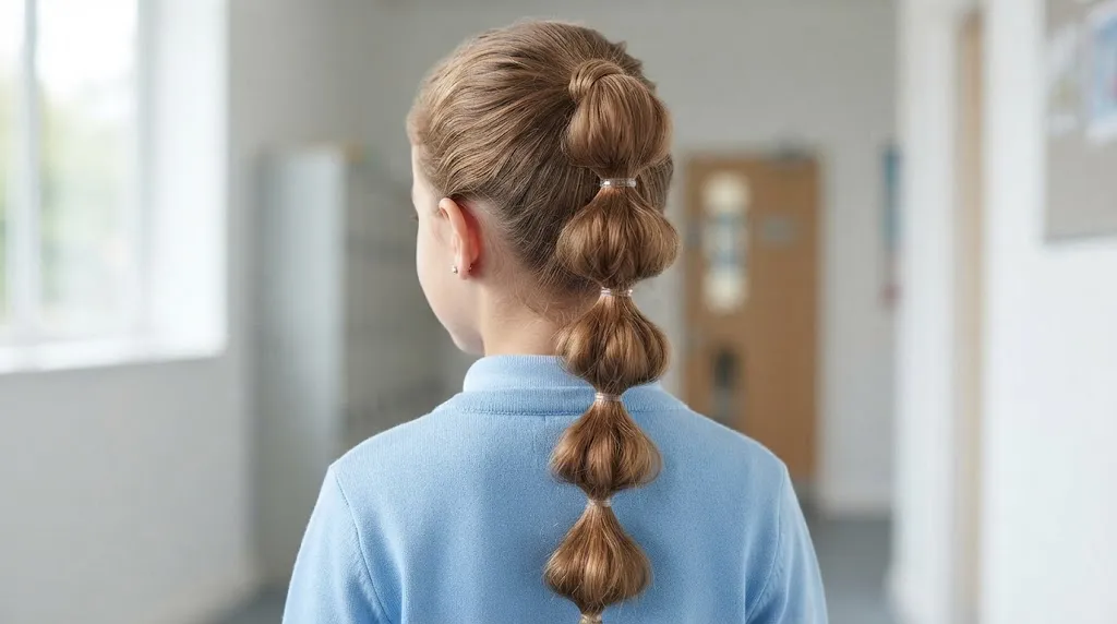 Young girl with a segmented bubble ponytail hairstyle showing rounded sections tied evenly down her back