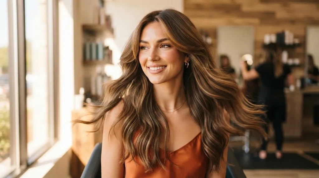 A woman with a gorgeous butterfly-style layered haircut showing soft face-framing pieces and natural long hair movement.