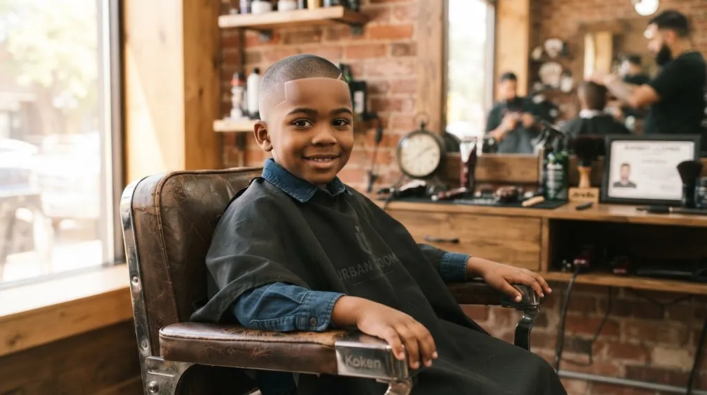 A stylish young boy with a clean buzz cut and sharp line-up sitting in a modern barbershop, showcasing a popular 2026 short haircut trend.