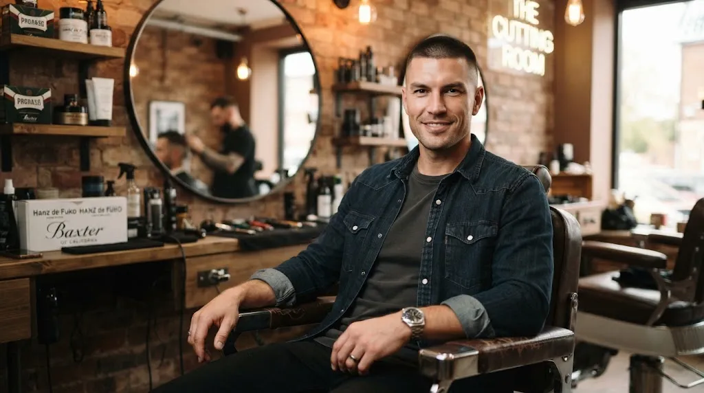 A stylish man with a clean buzz cut close crop hairstyle sitting in a modern barbershop