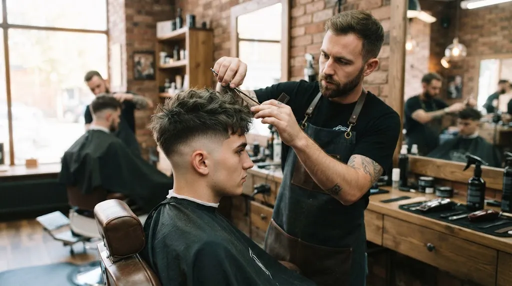 Professional barber styling a modern textured undercut and high skin fade on a man with a round face shape to add height and structure.