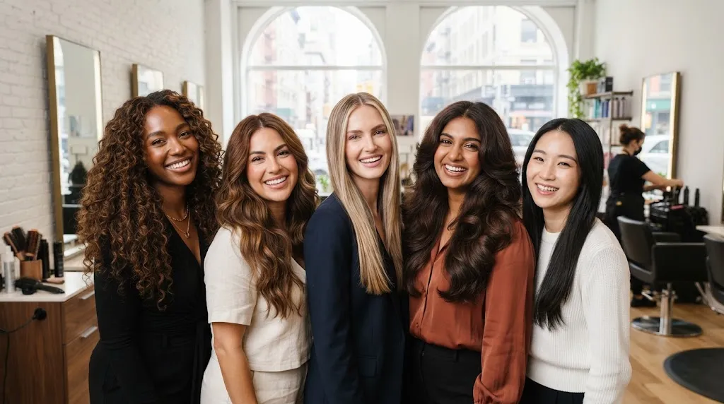 A collection of different hair types including straight, wavy, and curly long hair showcasing varied layering techniques in a professional salon.