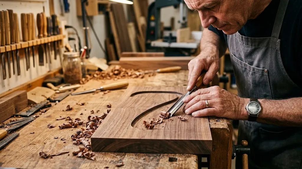 Skilled artisan hand-carving a smooth elegant signature 7 arc curve into rich hardwood using a chisel