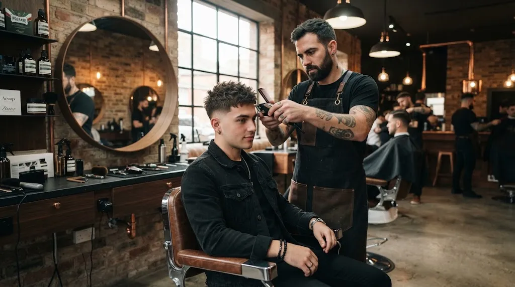 A stylish man getting a modern textured crop haircut from a professional barber in a high-end barbershop for the 2026 men's hairstyle guide