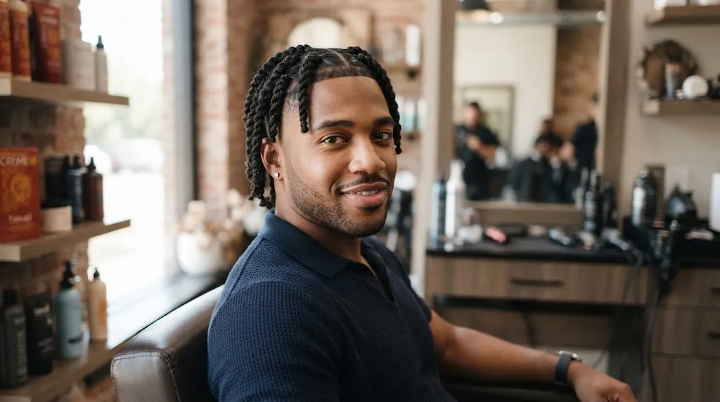 Close-up of a Black man with thick, well-defined chunky box twists hairstyle and a clean fade haircut