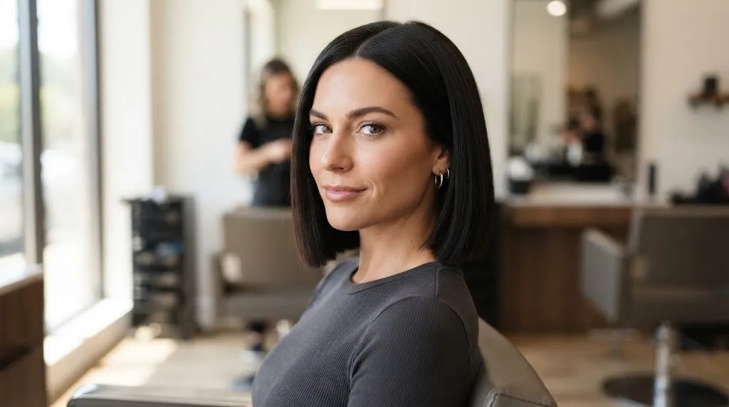 A woman with a sleek and stylish classic bob haircut showing a clean, structured jaw-length perimeter and professional finish.