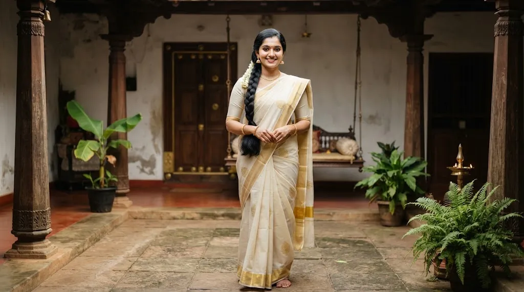 An Indian woman with long hair styled in a neat classic braid wearing a traditional ethnic outfit