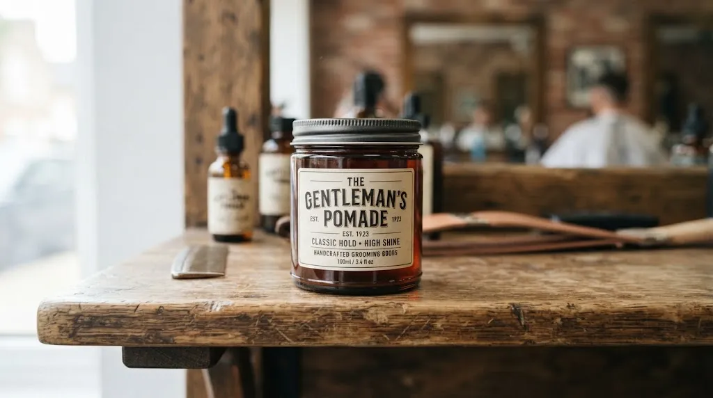 A sleek glass jar of professional matte hair pomade on a wooden barbershop shelf for men's hairstyling.