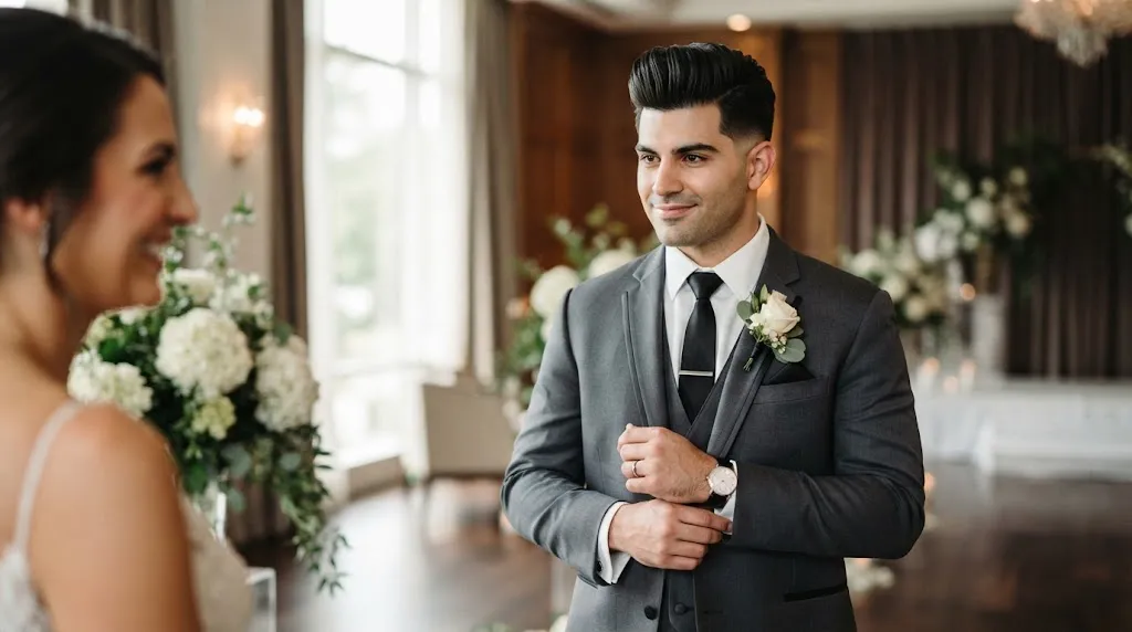 Stylish groom with a defined Classic Pompadour haircut and charcoal tuxedo looking at his bride during their wedding first look.