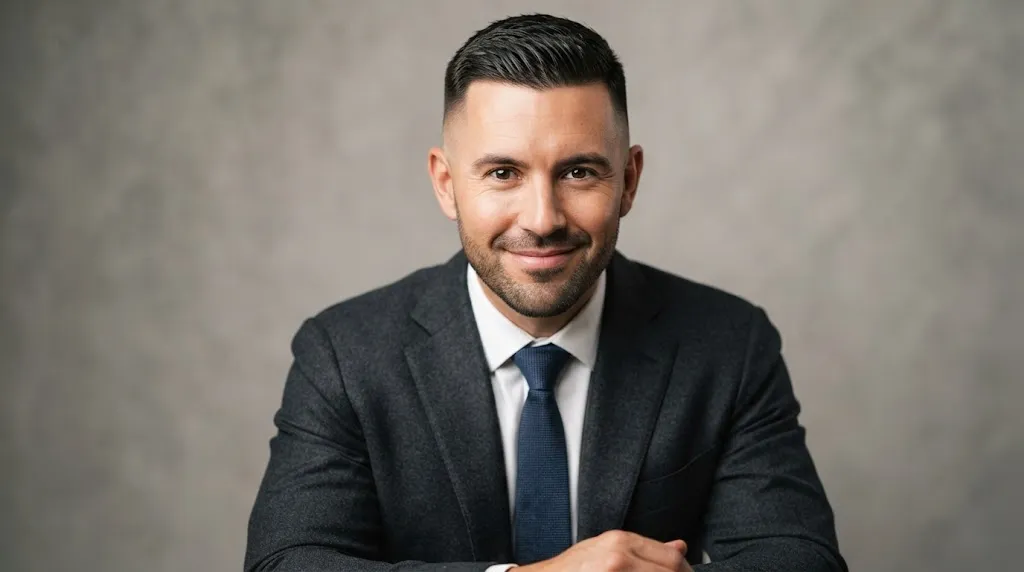 A man with a clean, well-groomed short and classic men's haircut showcasing professional barber styling.